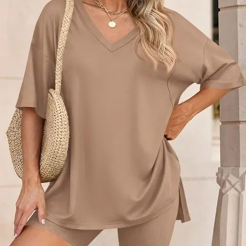 Buttery Soft & Stretchy: The Ultimate 2-Piece Oversized Set for All-Day Wear The Go-To Travel Outfit: Wrinkle-Free V-Neck Tee & Shorts Co-ord Loungewear#Summervibes
