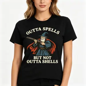 "Outta Spells But Not Outta Shells Wizard Meme" Retro Vintage Graphic Tee |   Humorous Fantasy Tactical Sorcerer Joke Statement T-Shirt |   Men's & Women's Casual Streetwear Top