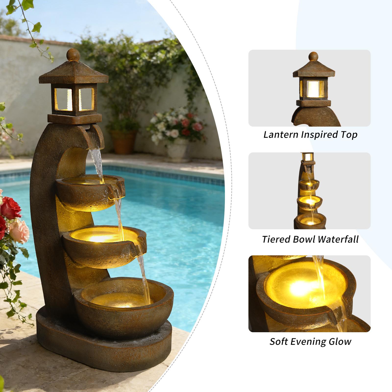 Eyisean 35.4" H Resin Outdoor Water Fountain, All-Weather Freestanding Pagoda Water Feature with LED, 3 Tier Bowl Cascading Lantern Style Garden Fountain for Porch, Home Decor Ideal Gift