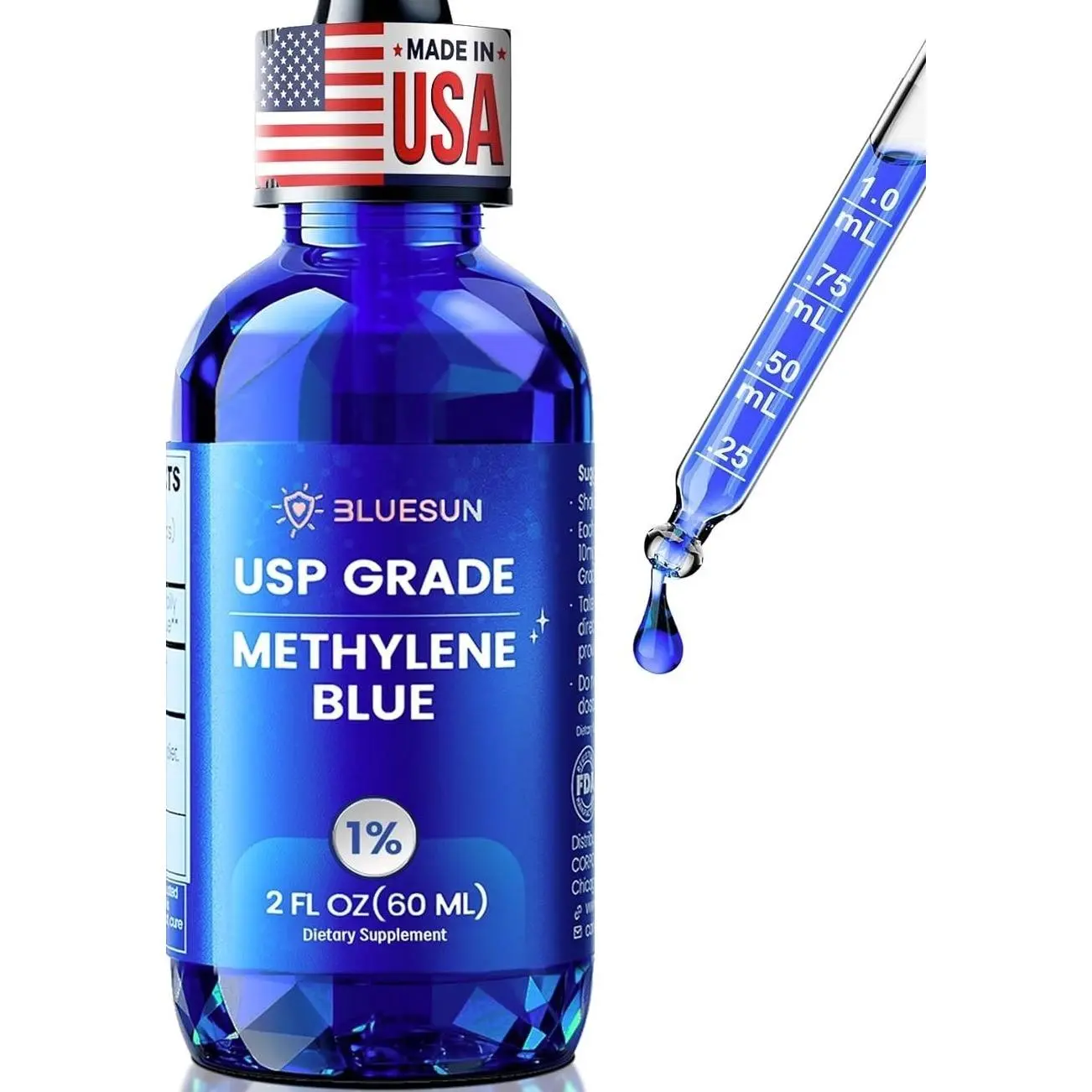 Bluesun Methylene Blue Drops 1% - USP Grade 2FL.OZ(60ml) - Third-Party Tested - Pharmaceutical Quality - Amber Glass Bottle - COA Included - Formaldehyde-Free - Made in the USA