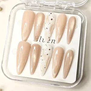 Handmade Nude Press On Nails - Cat Eye & Marble Ombre with Quail Egg Spot Print, Long Stiletto Reusable Fake Nails, Salon Quality