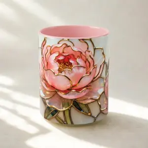 Pink Floral Mug Stained Glass Artistic Ceramic Flower Cup Elegant Tea Drinking Vessel Handcrafted Design Unique Gift Kitchen Accessory Home
