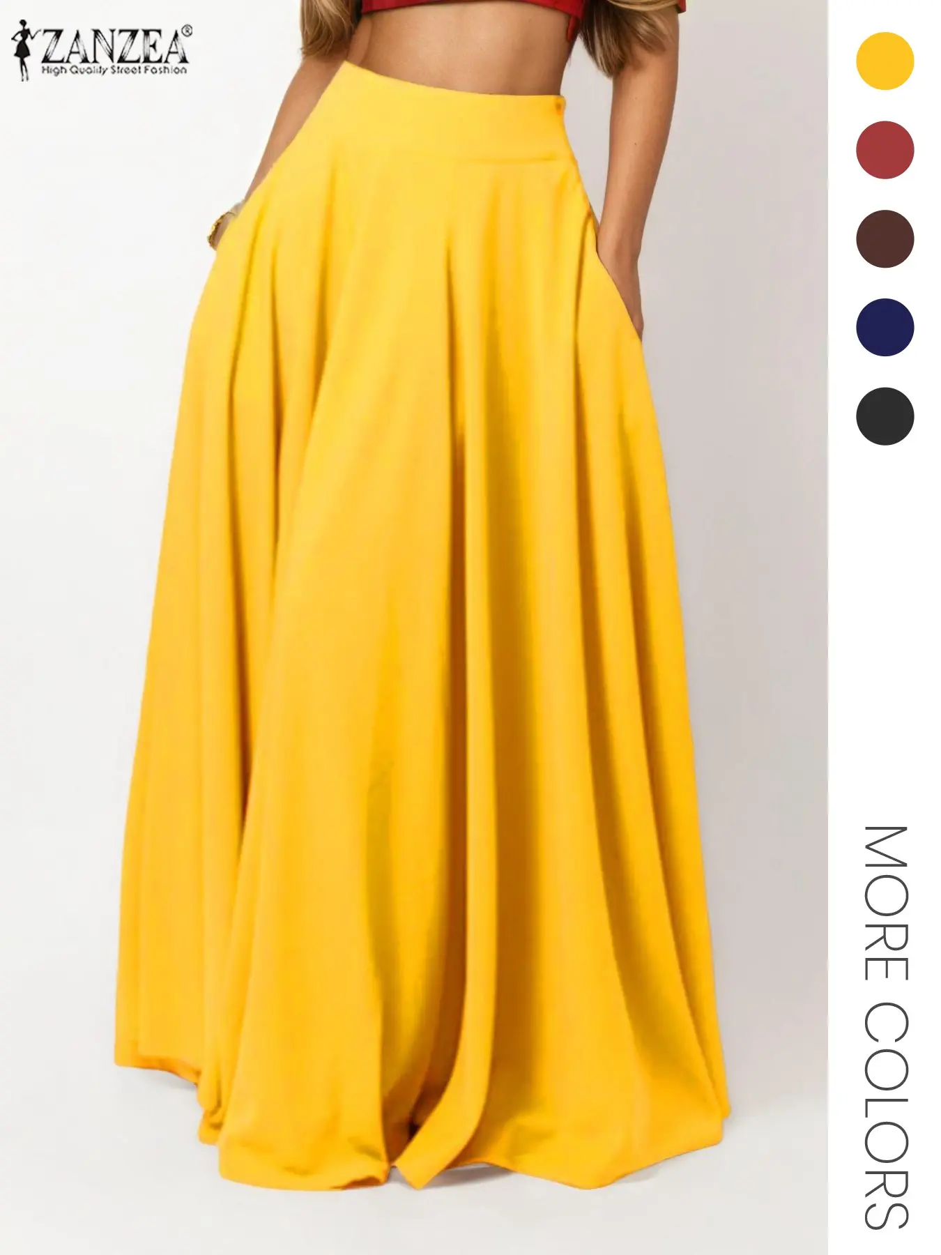 ZANZEA Women's Solid Pocket Flared Skirt, Elegant Casual High Waist A-Line Maxi Skirt for Party Holiday Wedding Guest, Ladies Bottoms for All Seasons