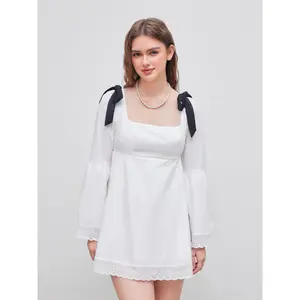 Cider [size 0-10] Square Neck Solid Broderie Anglaise Hem Knotted Mini Dress Dealsforyou