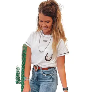 Women's White RODEO Horseshoe Embroidered Patch Pocket T-Shirt - Trendy Casual Tee