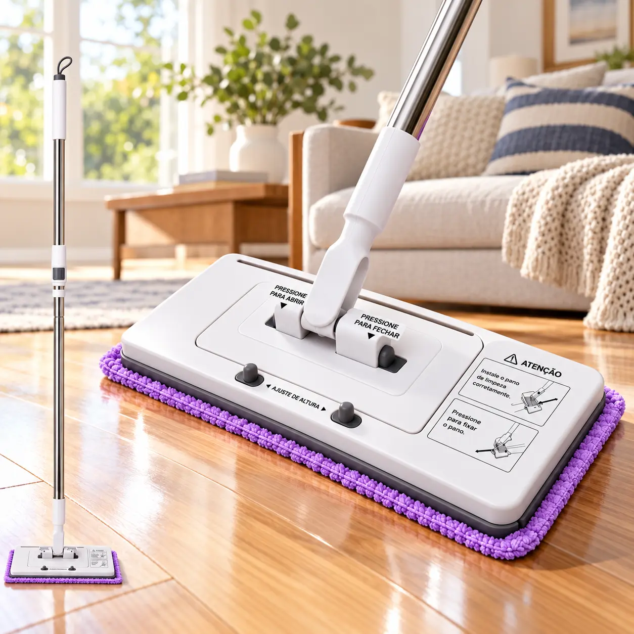 Flat Floor Mop with Hands-Free Auto Clamp, 360° Rotating Head Wet Dry Mop with Adjustable Stainless Steel Handle, Microfiber Pads for Hardwood Tile Laminate Floors