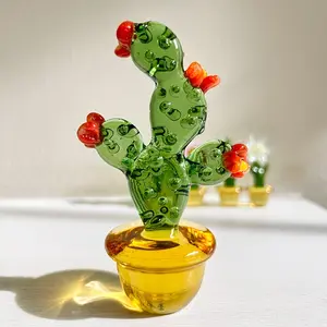 1PC Crystal Glass Cactus Figurine Hand-Blown Murano Style Mini Succulent Desk Ornament for Office Home Decor Mother's Day Gift