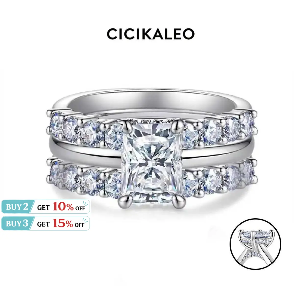 CICIKALEO 2CT Radiant Cut Triple  Stacking Moissanite Rings for Women 18K Gold Plated Lab-Created Engagement Wedding Gifts for Her Stackable Rings Summervibes