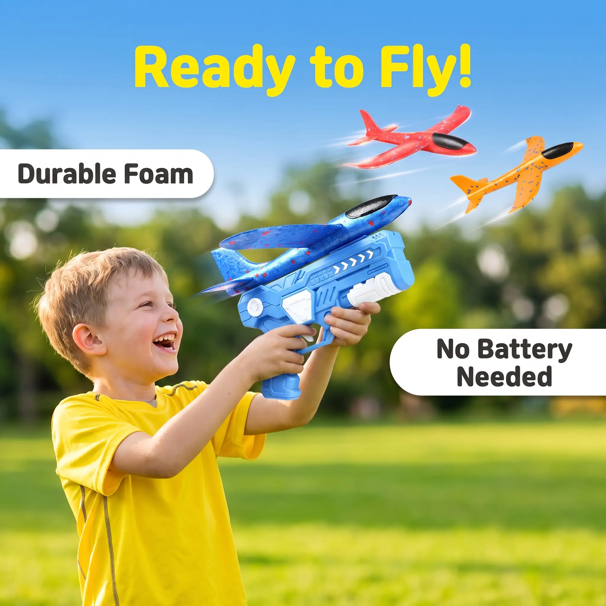 Blue Foam Glider Airplane Launcher Toy - Compact Size Mechanical Outdoor Flying Toy, Crash-Resistant, Long Flight Distance, ,Encourages Screen-Free Time, Builds Confidence, Gift for Kids Ages 4-12