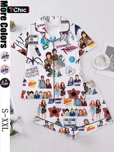 Women's Sleepwear Set, Short Sleeve Button-Down Soft Top & Elastic Shorts, Casual Comfortable Home Wear for Daily Use