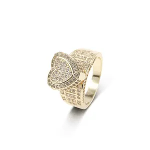 Women's Wide Band Golden Heart Crown CZ Ring - Artificial Gemstone Jewelry, Sparkly Luxury Accessory, Wedding Gift, Heart Shaped Ring