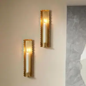 Gold Wall Candle Sconces Set of 2, Scalloped Edge Box-Shaped Cast Iron Farmhouse Church Holders for Taper Candles, Wall Mounted Rustic Candle Sconce for Living Room, Dining Room Decor