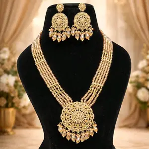 Champaign Gold Mala Set in Shadow Stone with Matching Earrings Premium Quality Beaded Necklace for Indian Pakistani Wear