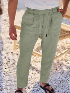 Men's Linen Jogger Pants, Casual Fit Buttoned Minimalist Leisure Pants, Elastic Waist and Drawstring, No Wrinkles Comfort Sportswear