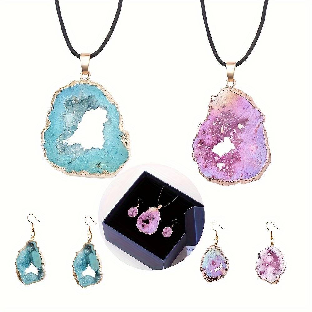 2Pcs Natural Agate Slice earring Necklace - Irregular Slice Natural Quartz Geode Pendant Necklace, Vintage Crystal Agate Geode Slice Necklace Charm Pink Blue,Bohemian Natural Stone Jewelry for Women, Mother's Day gift home decor 2Pcs Natural Agate Slice earring Necklace - Irregular Slice Natural Quartz Geode Pendant Necklace, Vintage Crystal Agate Geode Slice Necklace Charm Pink Blue,Bohemian Natural Stone Jewelry for Women, Mother's Day gift home decor