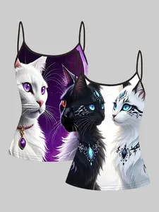 Women's Sleeveless Italian Shoulder Strap Top Set, Cute Cat Digital Print Casual Slim Fit All Season Wear, Comfortable Daily