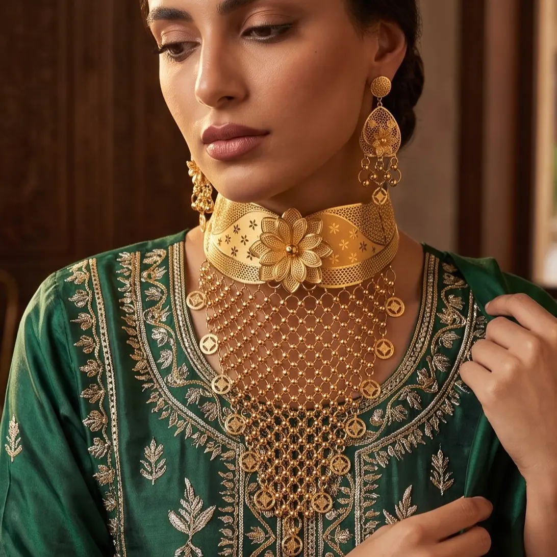 24K Gold-Plated Floral Choker Necklace and Earrings Set | Vintage Hollow Statement Jewelry | Afghan, Indian, Pakistani & Middle Eastern Wedding Set 6073