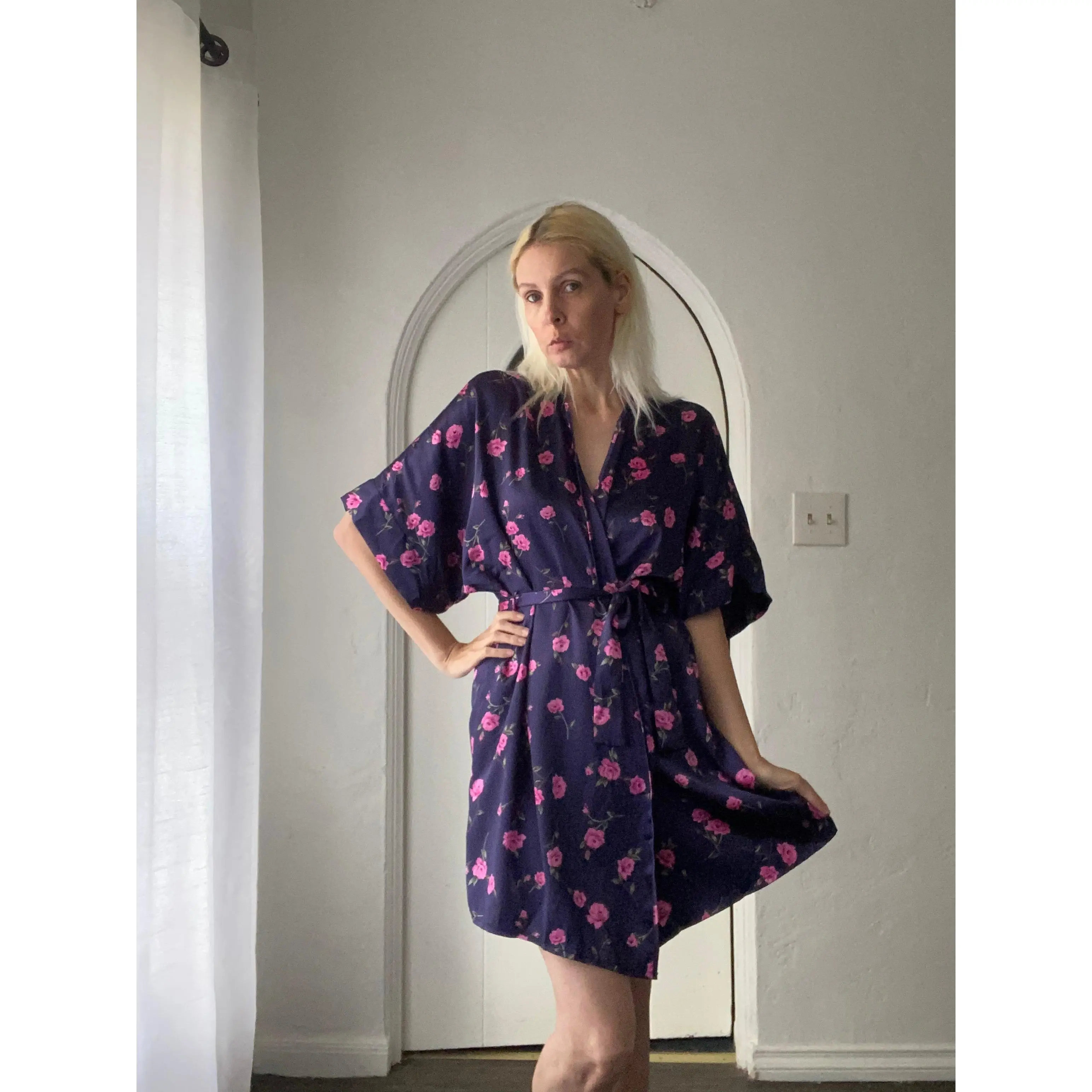 90s Vintage Navy Pink Floral Print Silky Lounge Lingerie Wrap Robe M