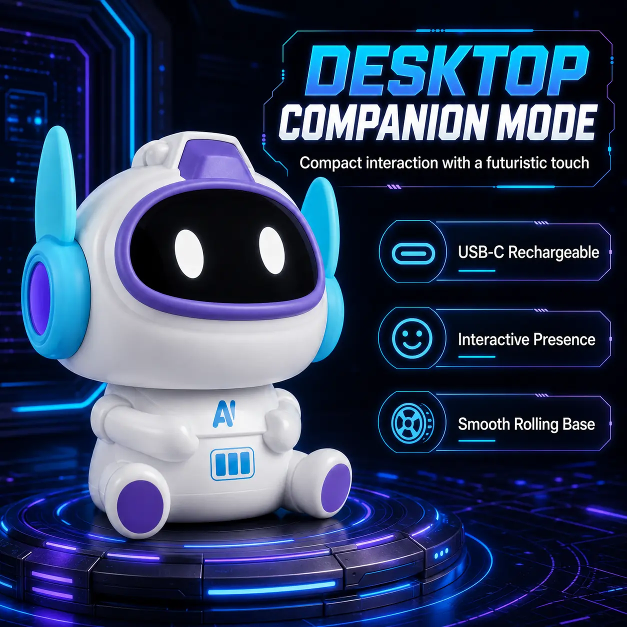 Desktop AI Companion Robot - Voice Control Smart Talking Electronic Pet, Screen-Free STEM Learning Toy, Compact Collectible Gift for Girls, Multi-Mode Robot Vacuum Cleaner