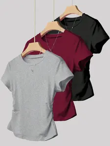 3-Pack Women's Slim Fit Round Neck Short Sleeve T-Shirts, Fashionable Design, Casual Wear, Soft Stretch Fabric, Ladies' Clothes