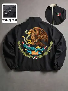 Unisex Mexican Emblem Waterproof Stand Collar Jacket, Eagle Snake Cactus Print, Casual Street Style, Daily Commute Outdoor Lightweight Coat