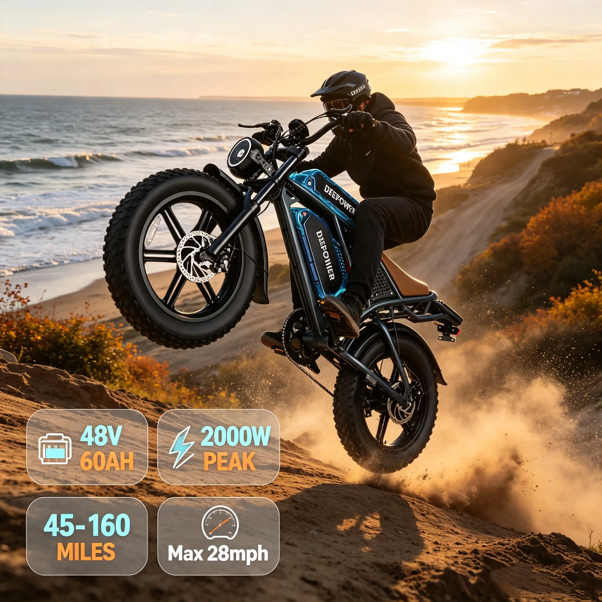 【sohochic】2000W Peak｜28 MPH Top Speed｜48V 20AH‑60AH Detachable Battery｜45‑160 Miles Range｜Full Suspension｜20" Fat Tires｜LED Headlights｜UL Certified｜Easy to Maneuver｜｜Snow｜Mountain Trails｜Camping｜Off‑Road Adult Electric Bike