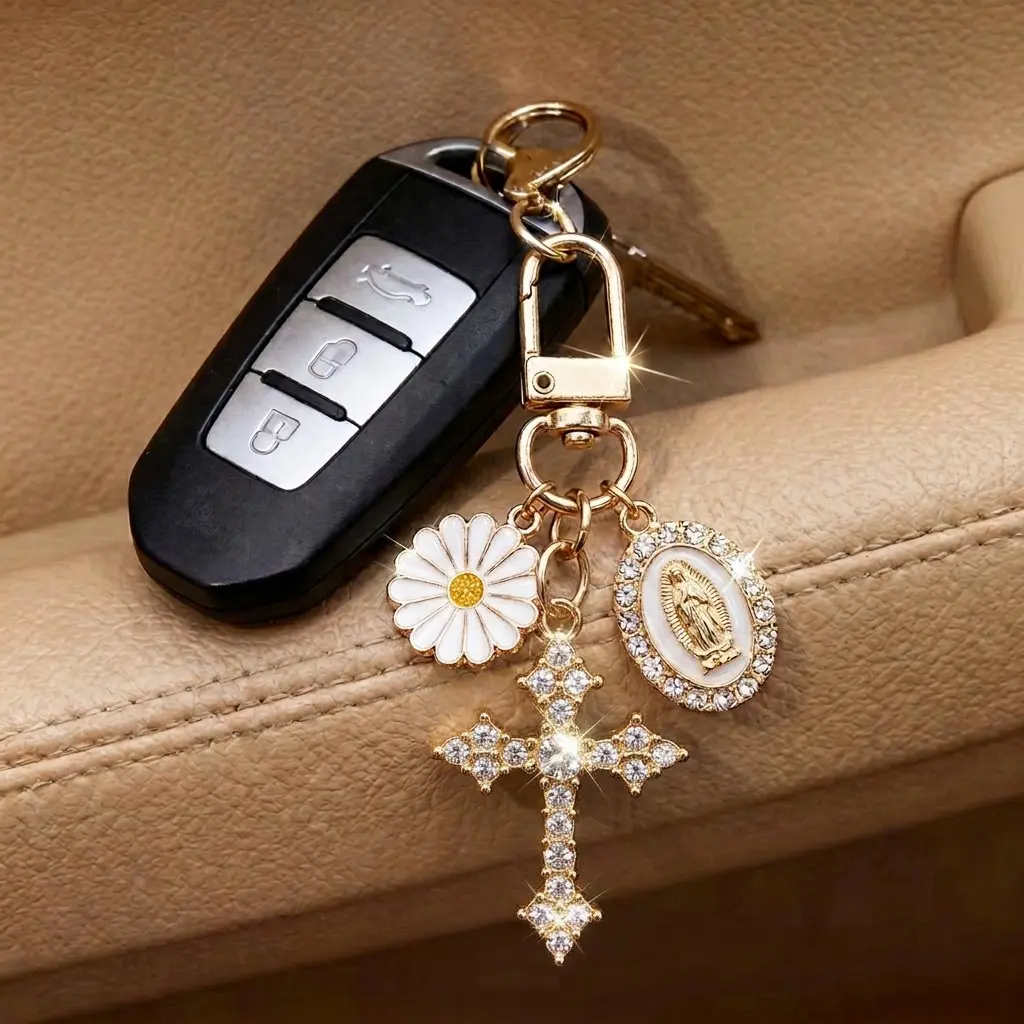 Elegant Rhinestone Virgin Mary Car Keychain, Keychain For Car Keys, Daisy Design Cross Keychain, Bag Charm Women's Creative Gift, Luxury Key Ring, Car Key Chains