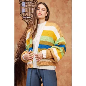 Davi & Dani Contrast Striped Open Front Lantern Sleeve Cardigan