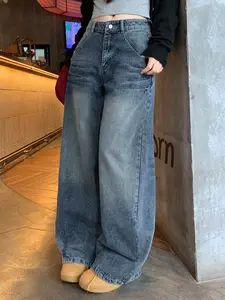 Women's Loose Denim Jeans, High Waist Straight Leg Vintage Style, Cat Scratch Design, Streetwear Western Cowboy, Multi-Purpose, Light Blue Washed Jeans