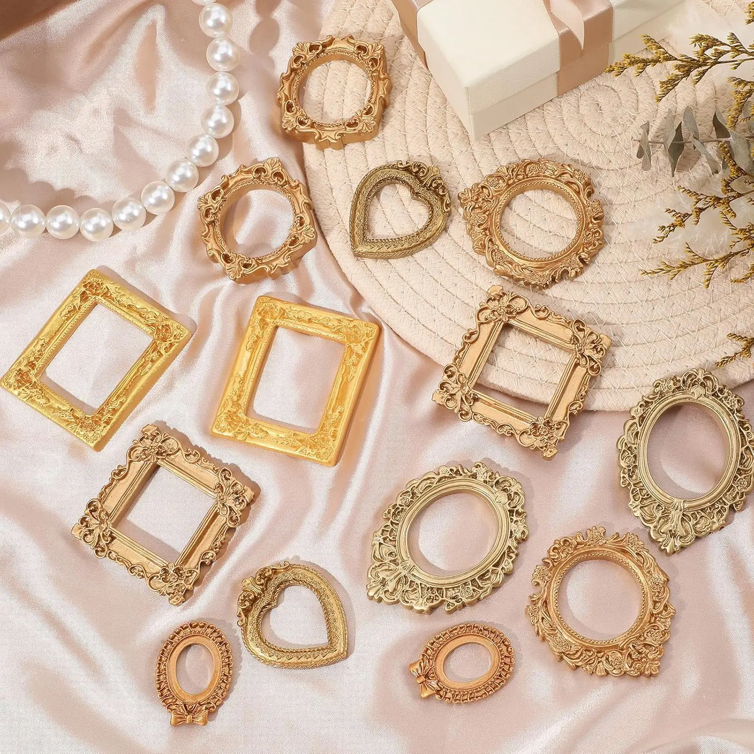 14PCS Vintage Gorgeous Photo Frames Mini Photo Frames,Rectangular Jewelry Display Stand for Desktop Photography Wedding Decoration, Golden