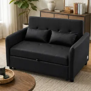 ARCH Convertible Sleeper Bed 51.57" Loveseat Sofa Bed with USB Ports, Adjustable Oversized Armchair, PU Leather, Foam Cushion, Pull-Out Guest Bed for Small Space Living Room Apartment Dorm, Black, Black/Brown/Foam Color Options, PU Material