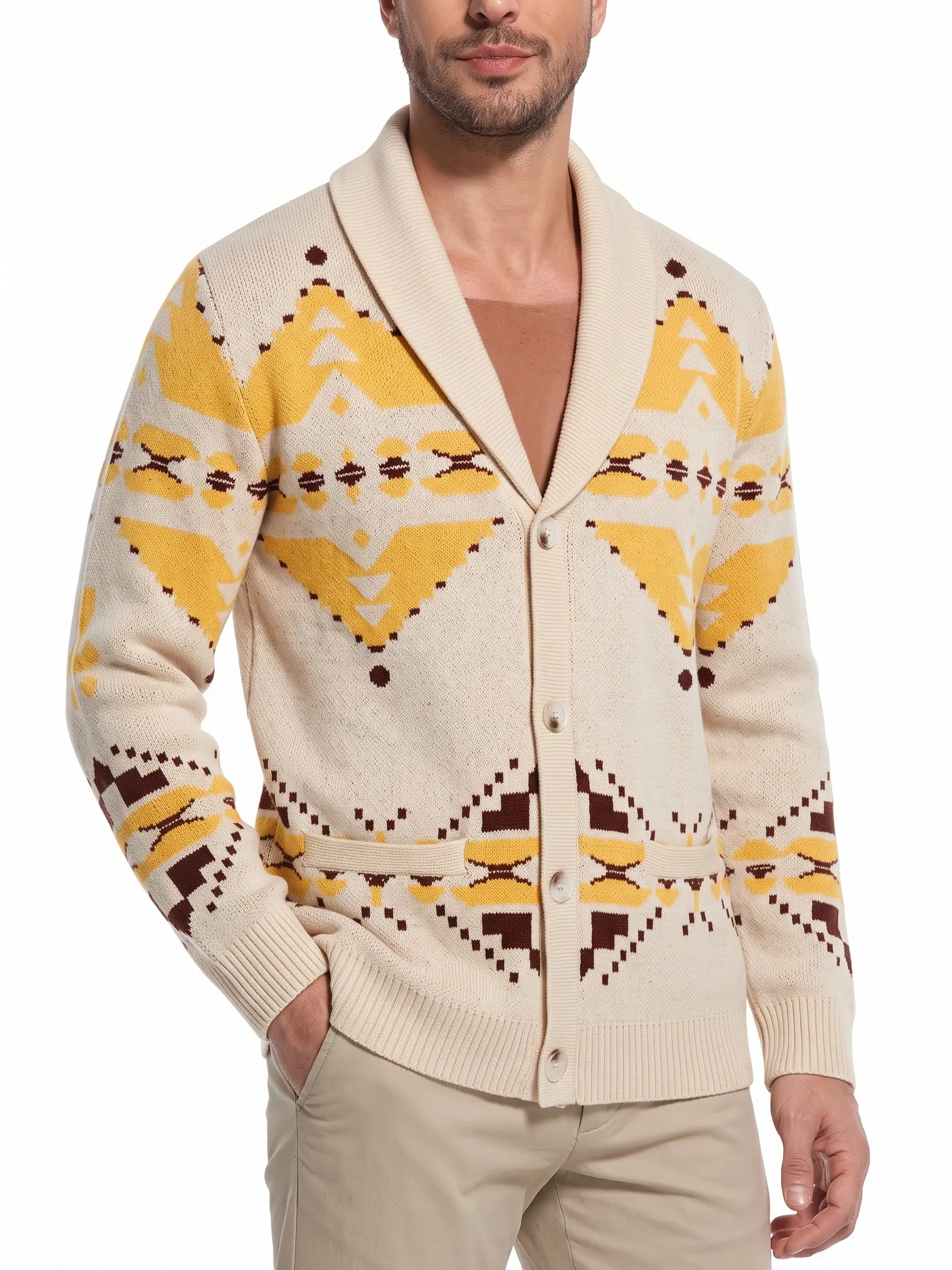 Men’s Vintage-Style Southwestern Geometric Cardigan Sweater, Button-Front Shawl Collar Knit Jacket for Casual Travel, Outdoors & Fall Winter Layering