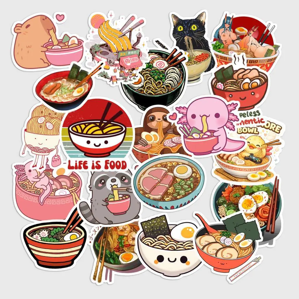 20 Pcs Ramen Stickers Pack - Cute Kawaii Japanese Noodles Decals, Waterproof Vinyl Aesthetic Ramen Bowl Stickers for Laptop, Water Bottle - Foodie Gift