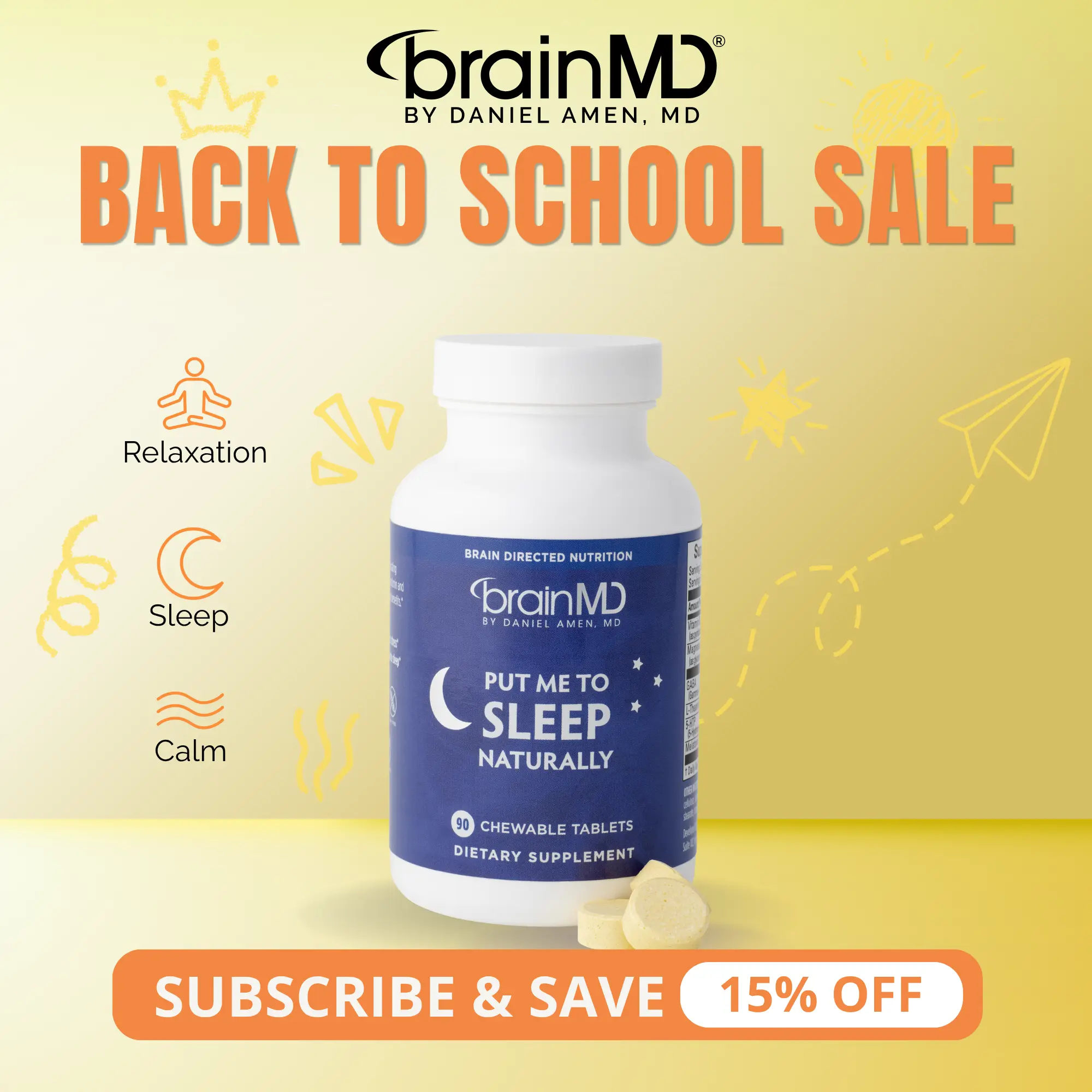Put Me To Sleep Naturally | BrainMD | 90 Chewable Tablets | Fast Sleep Onset & Restful Sleep Support | Calm Relaxation & Stress Recovery Support |Melatonin with GABA & L-Theanine
