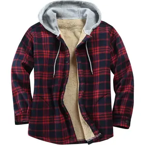 Cotton Plaid Shirts Jacket Fleece Lined Flannel Shirts Button Down Jackets with Hood for Men