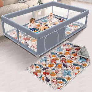 65 x 50 Inch Baby Playpen with Mat, Playpen  Babies and Toddlers, Baby Play Pen Playard  Indoor & Outdoor Active Center Game Fence, Skin-Friendly Fabric and Soft Breathable Mesh, Grey