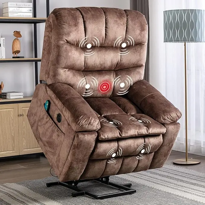 Large Power Lift Recliner Chairs with Massage and Heat for Elderly, Heavy Duty and Safety Motion Reclining Mechanism Electric Wide Recliners with USB Ports, 2 Hidden Cup Holders,Brown