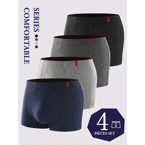 4-Pack Men'S Striped Boxer Briefs, High Stretch Polyester-Spandex Blend, Knit Fabric Shortie Panties with Elastane, Casual Adult Athletic Underwear