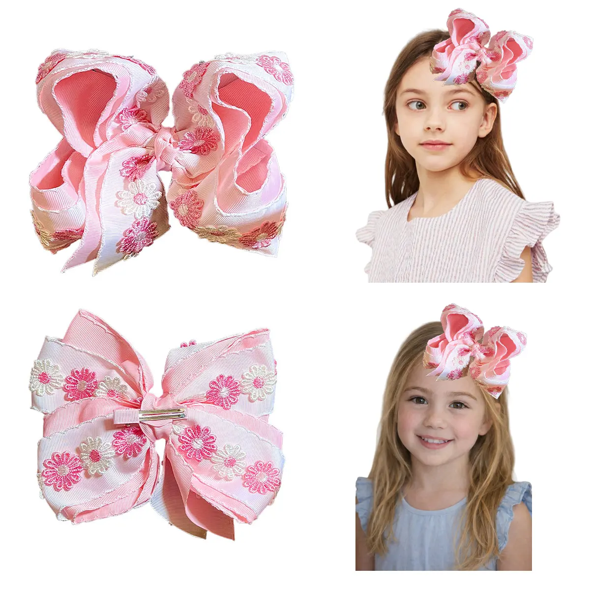 JoyBowie 2pcs Large Embroidered Bow Hair Clips for Girls, 7.5 Inch Boutique Ribbon Hair Bows with Alligator Clips, Cute Hair Accessories for School, Parties & Everyday Wear