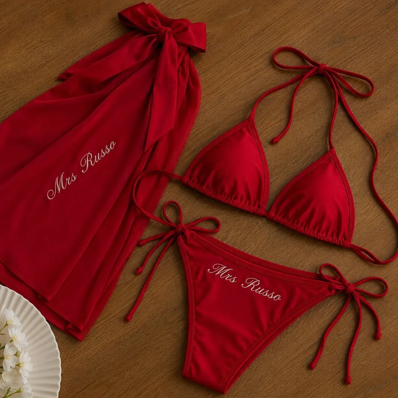 3 Piece Personalized Bride Bikini Set with Sarong, Custom Embroidered Tie Side Swimwear for Bachelorette Party