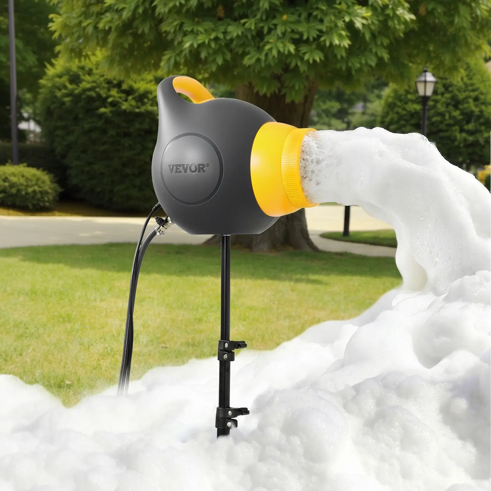VEVOR 115W Motor Standing Bubble Machine with Telescoping Leg Tripod, Portable Foam Cannon with Goggles & Quiet Fan, Bubble Refill Included for Backyard Celebrations, Birthdays, Grey & Yellow Pool Hand Tool