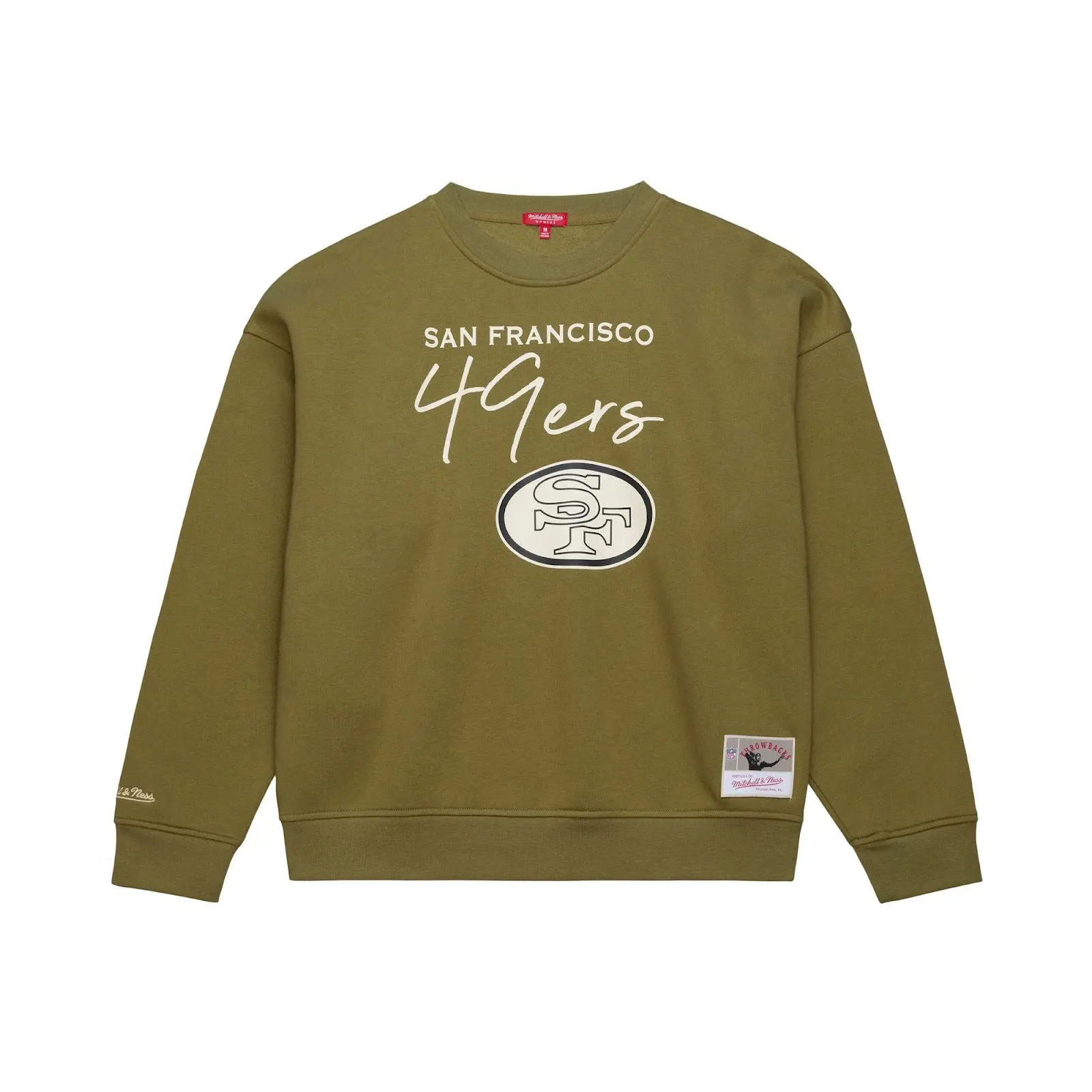 Women's San Francisco 49ers Olive Midweight Crewneck Sweatshirt NFL Throwback Vintage Fan Gear Mitchell & Ness