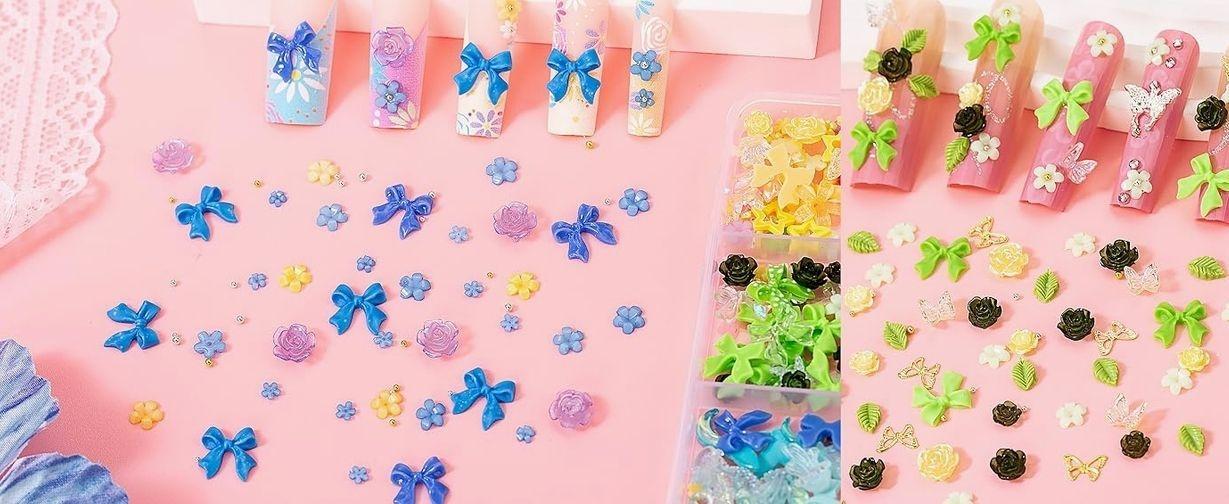 8000pcs 3D Nail Charms and Nail Gems, Cute Nail Rhinestones and Charms Y2K for Nails Nesign, Variety Butterfly Bow Moon Star Flower Junk Case Charms Gold Pearls Nail Jewels for Nail Art Decorations