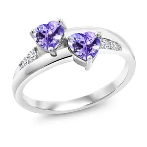 Gem Stone King 1.08 Cttw Blue Tanzanite and Accent Lab Grown Diamond 925 Sterling Silver 2 Heart Ring For Women | Gemstone Birthstone | 5MM Heart Shape