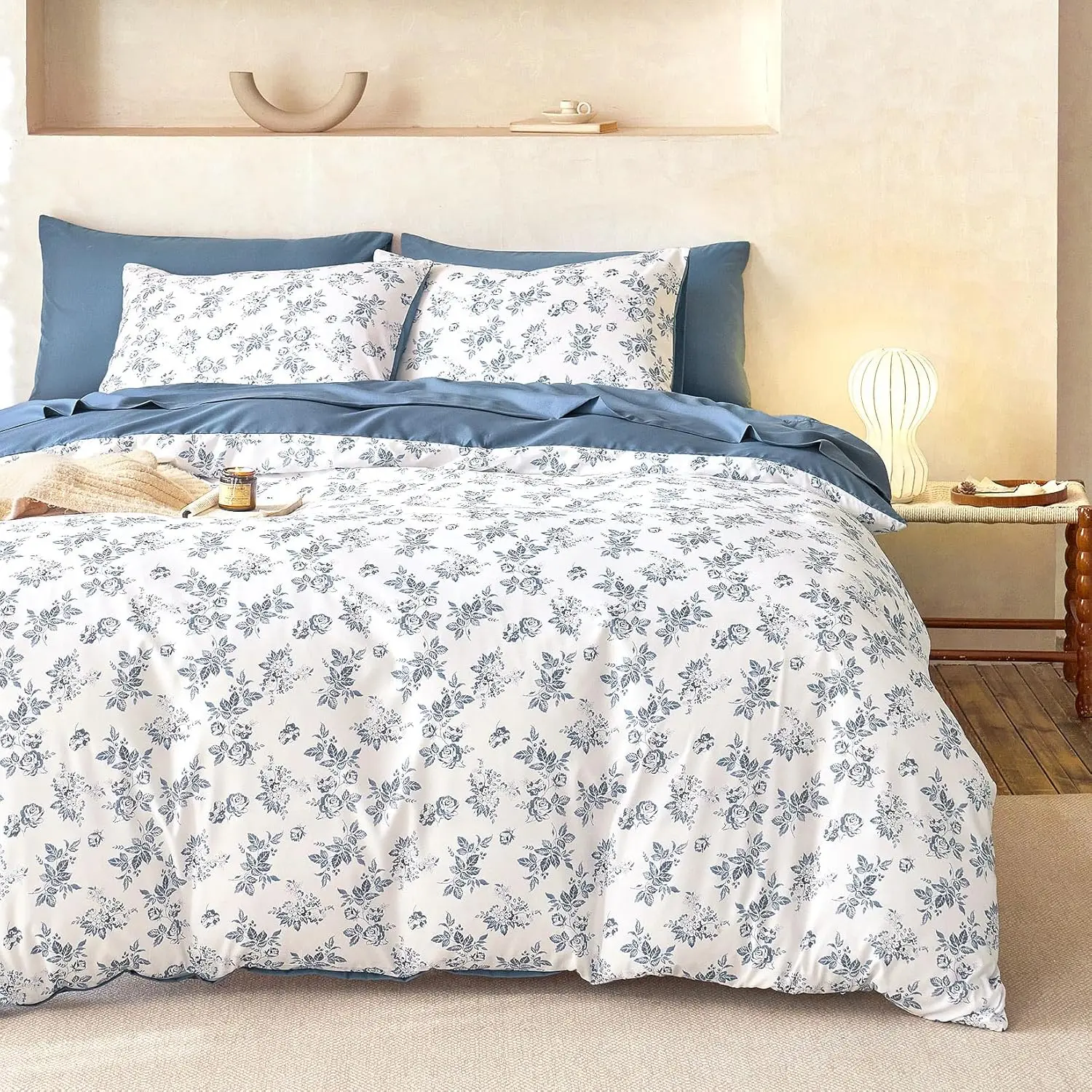 Light Blue 3-Piece Cottagecore Duvet Cover Set, Botanical Floral Vintage Shabby Chic Women's Bedding, Soft Lightweight, Twin/XL Size, 1 Duvet Cover with Corner Ties, 2x20x26in Pillow Shams, Cold Wash Safe