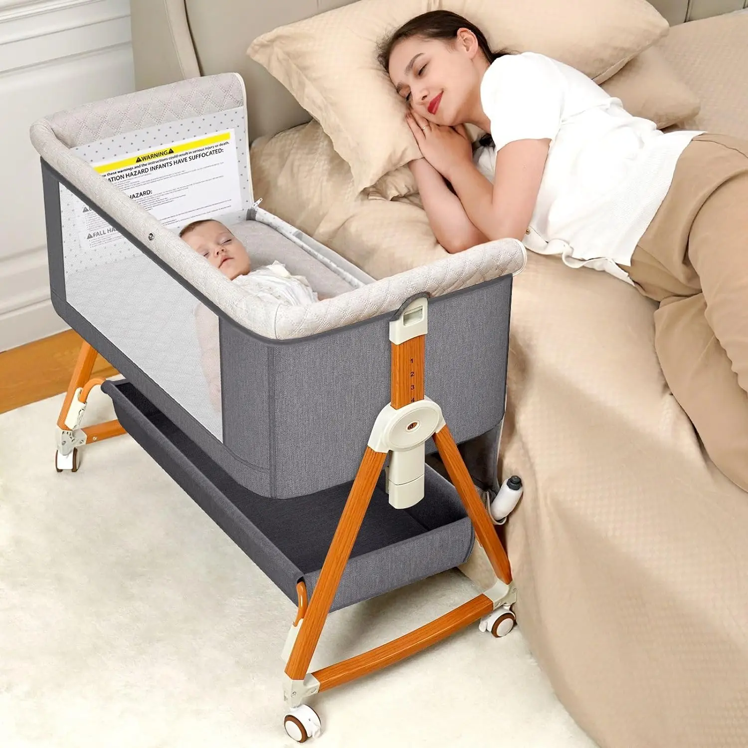 Bedside Bassinet for Baby - 6-Height Adjustable Infant Crib Sleeper, Easy-to-Fold Portable Swing Cradle with Ventilated Net & Wheels, Baby Furniture