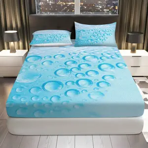 3Pcs Aqua Bubble Pattern Fitted Sheet Three Piece Set (1*Fitted Sheet+2*Pillowcases, Coreless), Relaxation theme, Soft Blue Bedding Set, Mattress protector Soft, Breathable