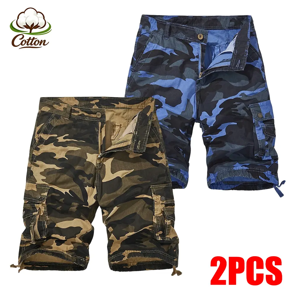 2-PCS Men's Cotton Camo Cargo Shorts with Multi Pockets, Drawstring Hem Utility Shorts for Outdoor Work Hiking, Classic Summer Casual Shorts for Daily Wear