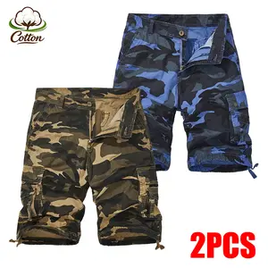 2-PCS Men's Cotton Camo Cargo Shorts with Multi Pockets, Drawstring Hem Utility Shorts for Outdoor Work Hiking, Classic Summer Casual Shorts for Daily Wear