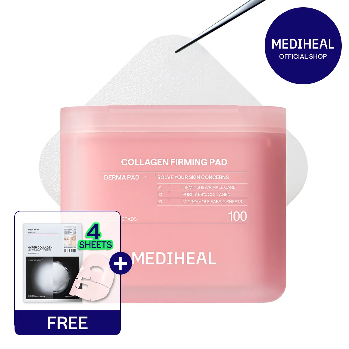 [MEDIHEAL] Firming Pad 2.0 (100 pc) |  Retinol & 7-Peptide Complex | 3D 360° Elasticity & Wrinkle Care | Large 82mm Square Pads | Korean Skincare
